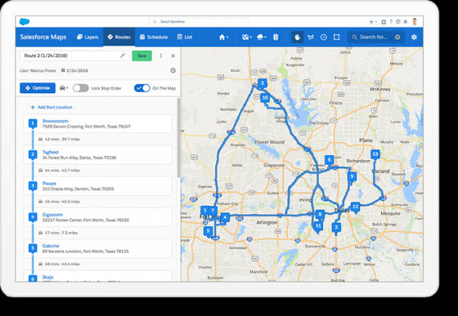Salesforce Maps route through a sales territory